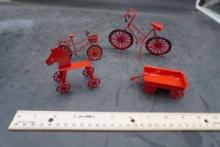 Small Red Metal Toys - Bikes, Wagon & Horse On Wheels