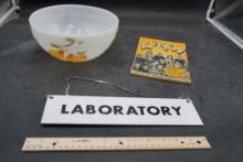 Laboratory Sign, Fire-King Fruit Mixing Bowl & Action Booklet