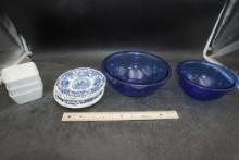 Better Homes & Gardens Ramekins, Pyrex Blue Glass Bowls, Wedgwood Plates