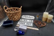 Basket, Kitchen Sign, Ceramic Dish, Trivet, Candles & Shot Glasses