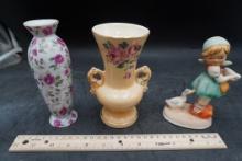 2 Painted Vases (Royal Copley & Lefton) & Little Girl Figurine