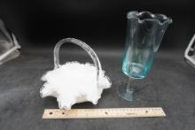 Teleflora Vintage Blue Glass Pedestal Vase & Fenton Silvercrest Milk Glass Basket