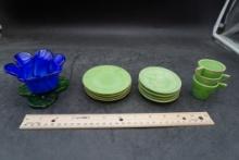 Blue Glass Flower, Gree Plates & Small Pots