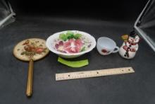 Hand Painted Franciscan Bowl, Hand Mirror, Mug & Santa Figurine