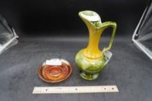 Haeger Green And Yellow Drip Glaze Pitcher Vase & Jeanette Plate