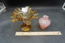 Amber Art Glass Twist Stem Pedestal Ruffled Edge Dish, Pink Glass Vase (Chipped)