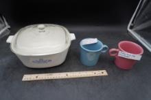2 Fiesta Cups W/ Ring Handles & Corning Ware Dish (Chipped) W/ Lid