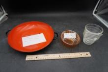 Vintage Fire King Clear Scalloped Cups, Carnival Glass Marigold Bowl, Vintage Saute Pan From Italy?