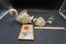 Swan Planters, Vintage Plant Mister & Framed Flower Picture