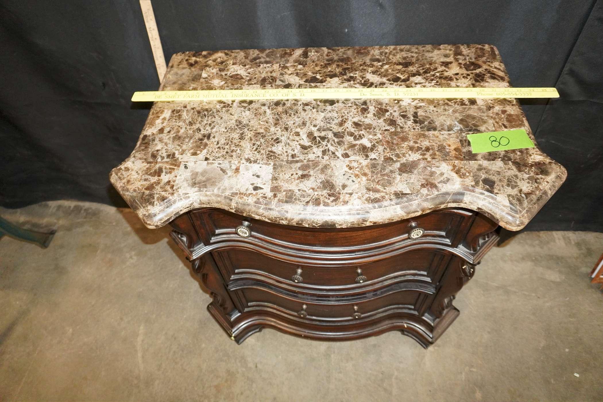 Wooden Chest Of Drawers W/ Stone-Looking Top (Some Damage To Corners)