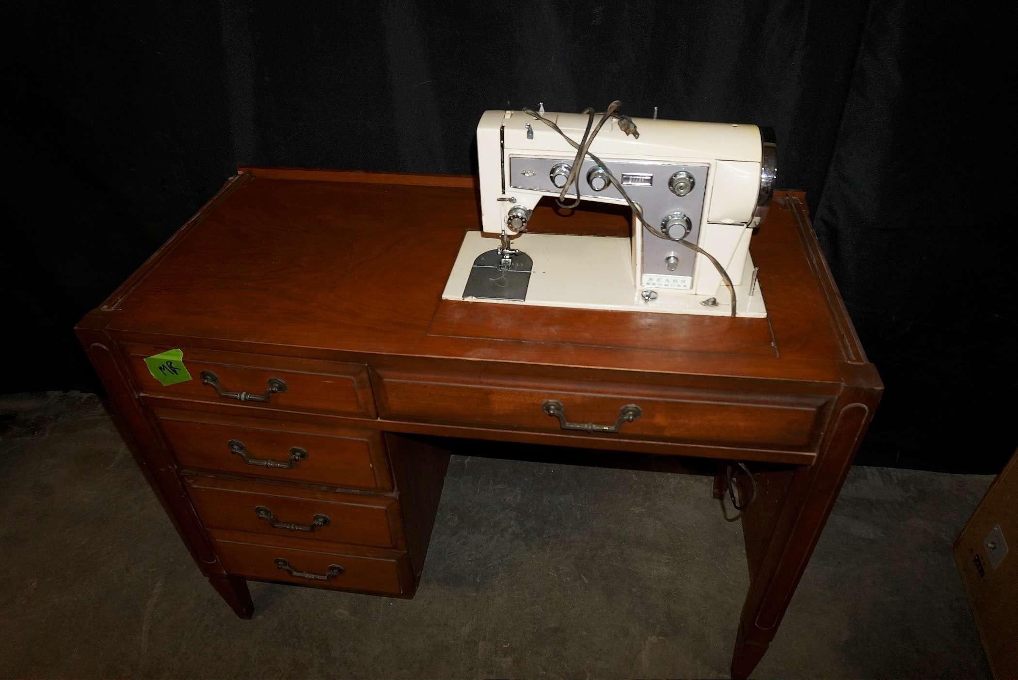 Wooden Desk W/ Sears Kenmore Sewing Machine Built In