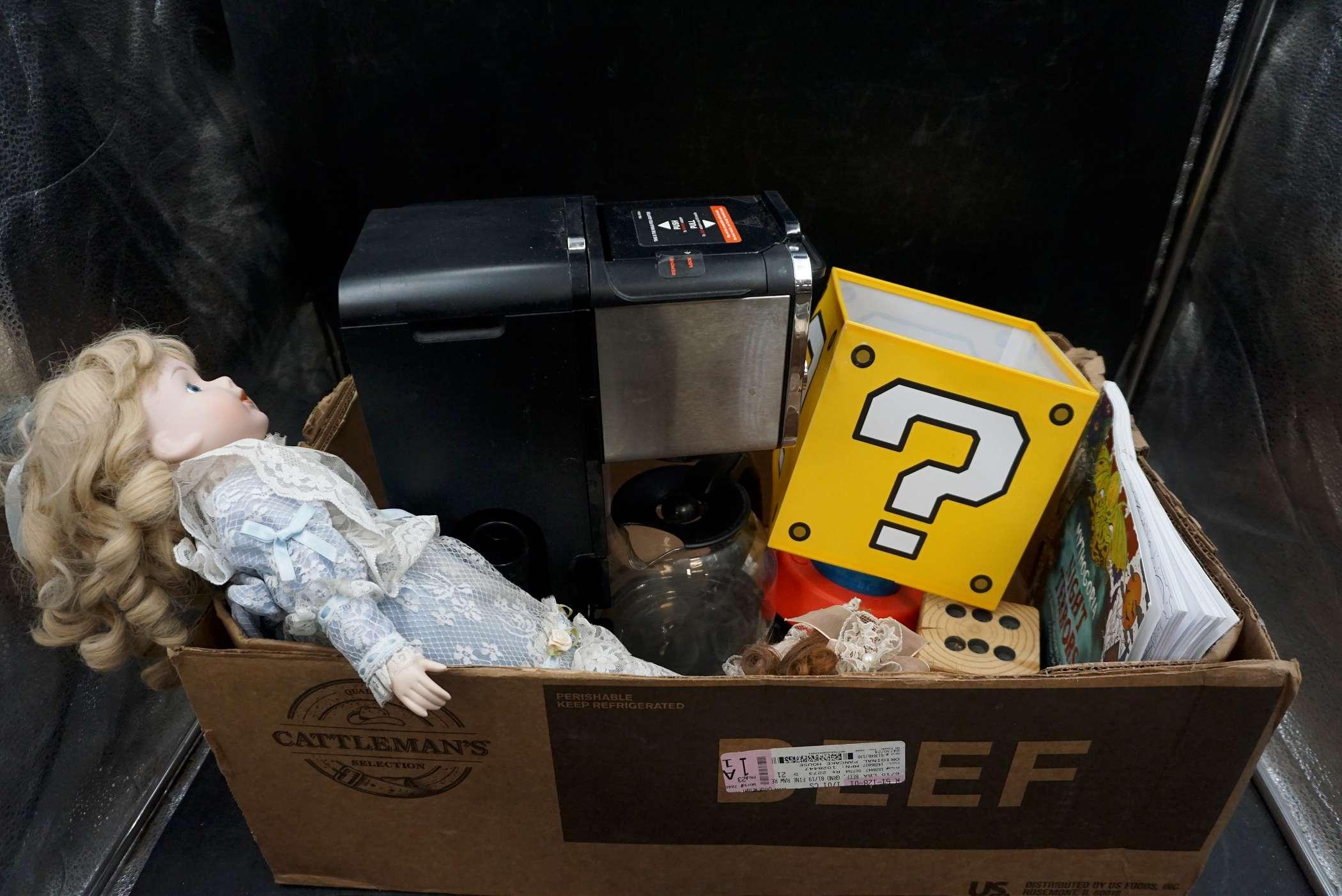 Doll, Question Mark Box, Wooden Dice, Book & Ninja Coffee Maker