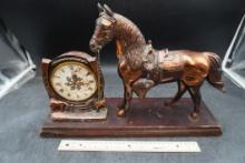 Horse Figurine W/ Clock On Wooden Plaque
