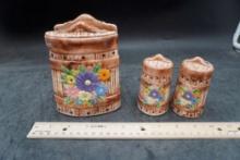 Wood Looking W/ Flowers Napkin Holder & Shakers