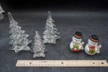 Glass Pine Trees & Snowman Shaker Set