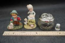 S.D. Thimble, Lefton Figurine, Little Boy Figurine & Small Glass Jar