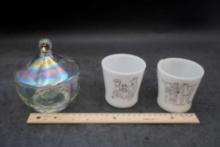 Glass Candy Dish & 2 Glasbake Mugs