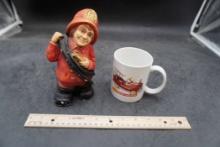 Fireman Figurine (Chipped) & Hallmark Kiddie Car Classics 1955 Murray Fire Truck Mug