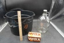 Enamel Pot W/ Lid, Paraseal Wax & One Gallon Glass Thumb Jug