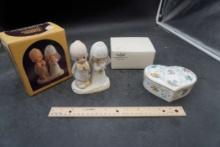 Precious Moments Figurine & Christopher Stuart Bone China Floral Ribbon Covered Heart Box