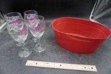 4 Wine Glasses & Metal Bucket