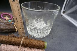 Tea Cup & Saucers, Container W/ Thread, Glass Bowl