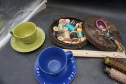 Tea Cup & Saucers, Container W/ Thread, Glass Bowl