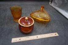 Amber Glass, Candy Dish & Hull Crock Bowl W/ Lid