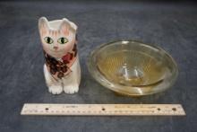 Sassy Cat Vase & Yellow Glass Bowl
