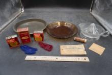 Spice Containers, Cookie Cutters, Coupon Books, Pie Pans (Fire-King & Calumet), Juicer, Coffee Candy