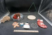Wooden Car, Ornaments, Pinecones, Metal Tray, Christmas Tree Stand & Stocking