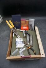 Calculator, Hose Nozzle, Pliers, Utility Knives, Pinochle Playing Cards & File Folders