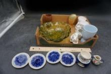 Green Glass Bowl, Cream, Sugars, Plates