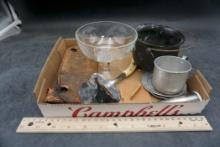 Glass Compote, Pot, Norge Cheese Slicer, Tin Cup, Plate, Kit