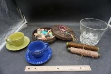 Tea Cup & Saucers, Container W/ Thread, Glass Bowl