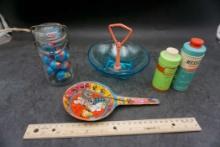 Glass Jar W/ Globes, Blue Glass Bowl, Tin Toy & Powder