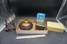 Tin Containers, Small Tree Figurines & Candlestick Holder