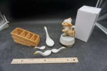 Wooden Caddy, Geese Figurines, Rabbit Figurine