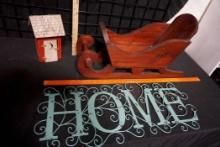 Wooden Sleigh, Metal Home Sign & Outhouse
