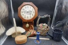 Linder Clock, Baskets, Candlestick, Wicker Watering Can