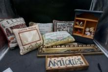 Throw Pillows, Wooden Shelf W/ Figurines, Mirror & Antiques Sign
