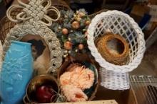 Blue Vase, Wicker Doll Chair, Baskets, Bowl, Apple, Booties, Picture Frame W/ Old Picture