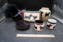 Scottie Dog Plush, Pillow, Mugs (One Is Dept. 56), Vase & Black Base