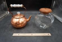 Tayee Copper Kettle & Glass Container W/ Wooden Lid