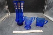 Blue Glass Vase & 2 Blue Glass Creamers