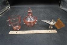 Pink Glass Creamer & Candy Dish, Aladdin Lamp