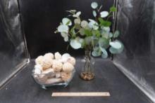 Glass Bowl W/ Decorative Orbs & Glass Vase W/ Greenery