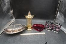 Silver-Plated Serving Dish W/ Lid, Heart Glass Dish, 2 B&Bw Candle Holders, Lantern