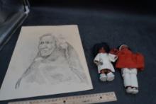 Native American Drawing & 2 Dolls