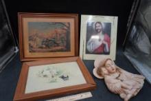 Wooden Framed Pictures (Dog W/ Cat, Joys Of Motoring), Jesus Picture & Mary W/ Jesus Figurine